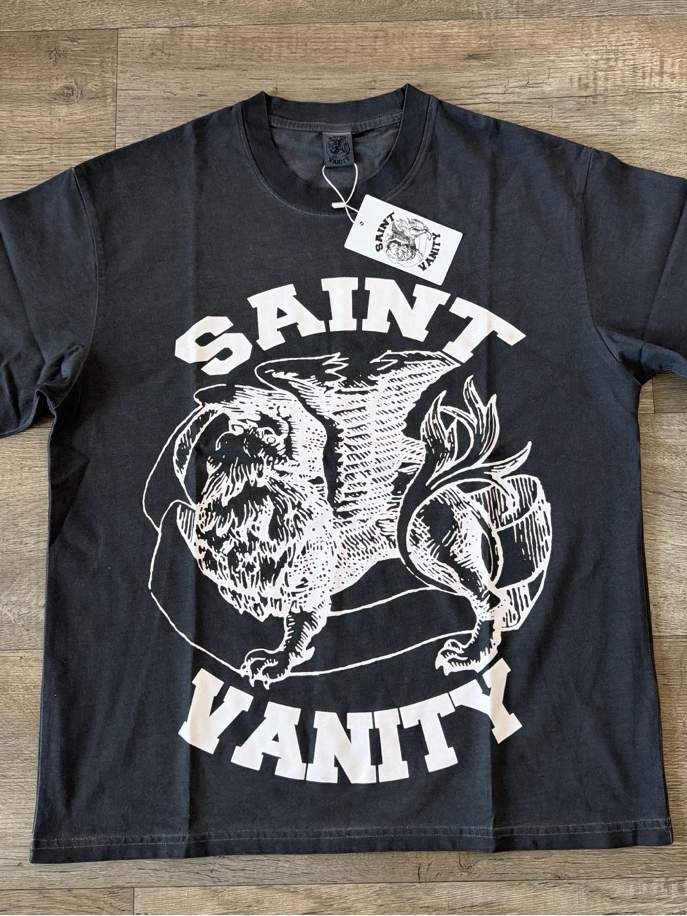 Black Short Sleeve Tee with White 'Saint Vanity' Graphic